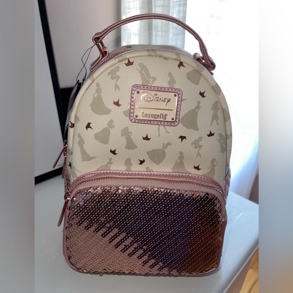 Loungefly Disney Ultimate Princesses All Over Print Sequin rose gold pink